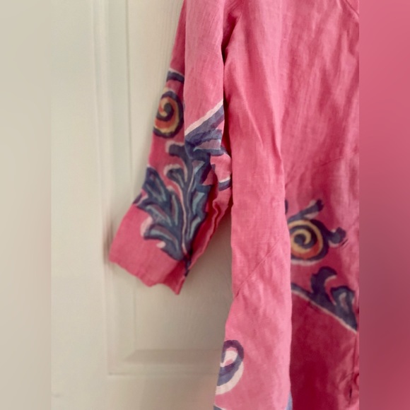 Womens Linen Top Blouse Dress Handpainted V-Neck Size M Winter Sun Pink - Picture 5 of 6